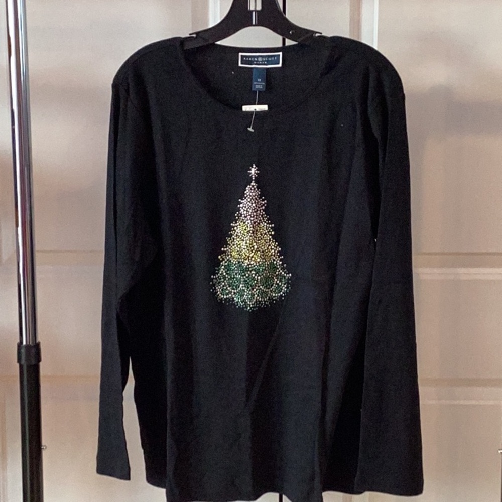 Christopher & Banks Black Long Sleeve Tee with Festive Christmas Tree